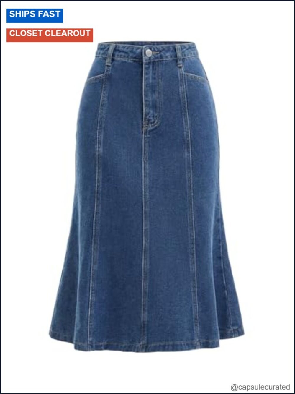 Fishtail Midi Denim Skirt High Waisted Ruffle Hem Button Front